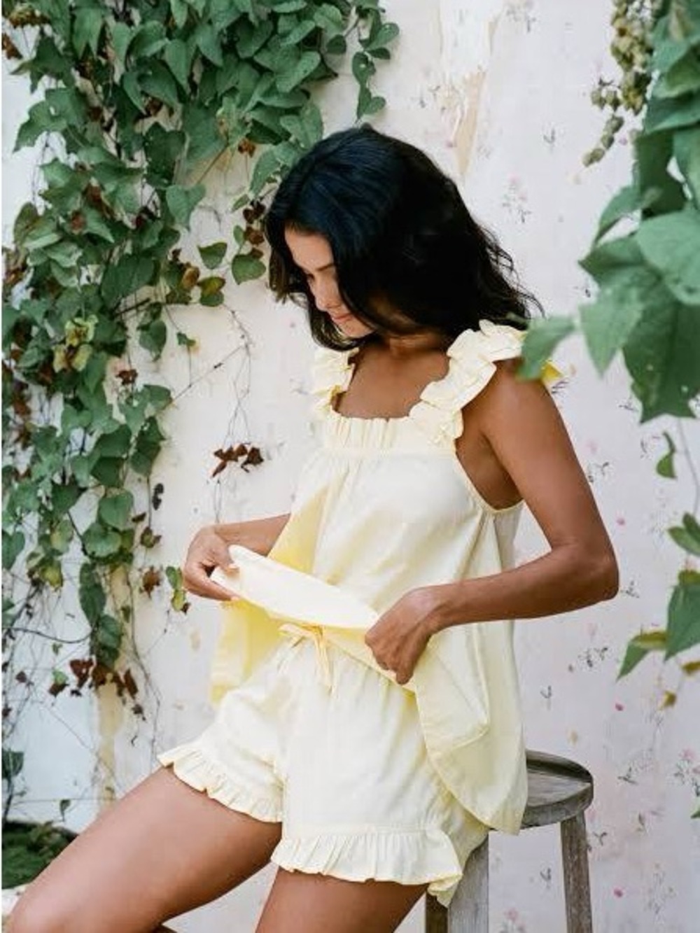 Women’s Ruffle Strap Pajama Set in Light Yellow